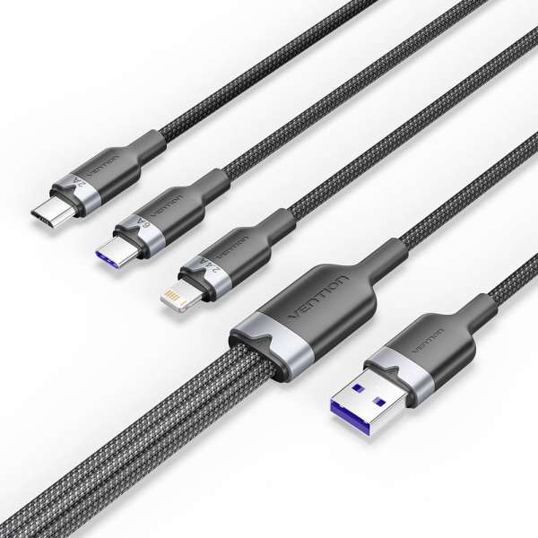 Vention USB 2.0 A Male to 3-in-1 USB-C & Lightning & Micro-B Male 6A Cable 1,5m Black