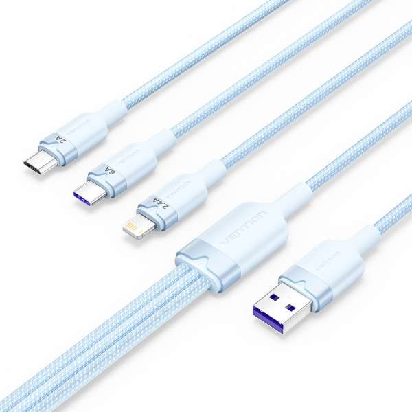 Vention USB 2.0 A Male to 3-in-1 USB-C & Lightning & Micro-B Male 6A Cable 1,5m Blue
