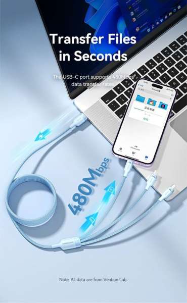 Vention USB 2.0 A Male to 3-in-1 USB-C & Lightning & Micro-B Male 6A Cable 1,5m Blue
