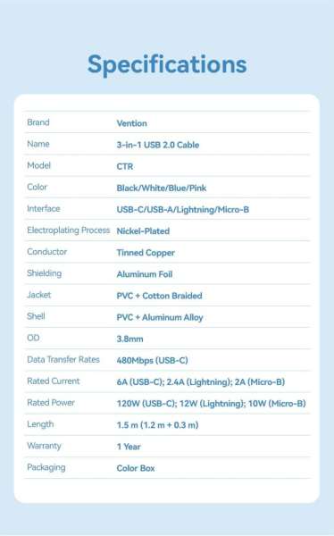 Vention USB 2.0 A Male to 3-in-1 USB-C & Lightning & Micro-B Male 6A Cable 1,5m Blue