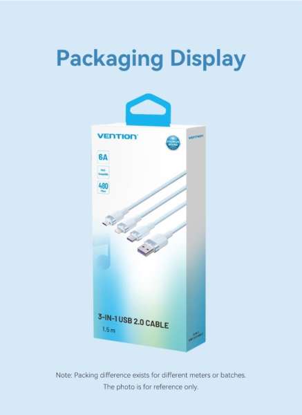 Vention USB 2.0 A Male to 3-in-1 USB-C & Lightning & Micro-B Male 6A Cable 1,5m Blue