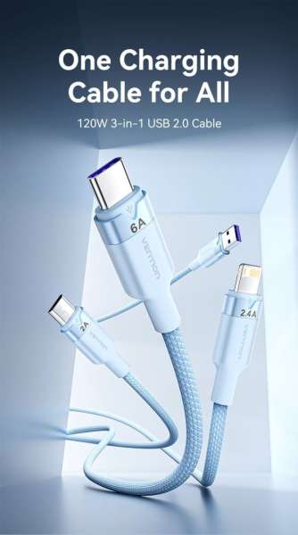 Vention USB 2.0 A Male to 3-in-1 USB-C & Lightning & Micro-B Male 6A Cable 1,5m Blue