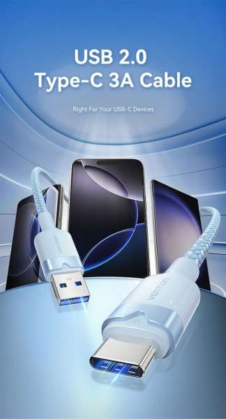 Vention USB 2.0 A Male to C Male 3A Aluminum Alloy Type cable 1m Blue