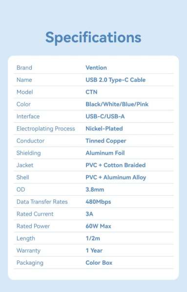 Vention USB 2.0 A Male to C Male 3A Aluminum Alloy Type cable 1m Pink