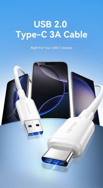 Vention USB 2.0 A Male to C Male 3A PVC Type cable 1m Pink