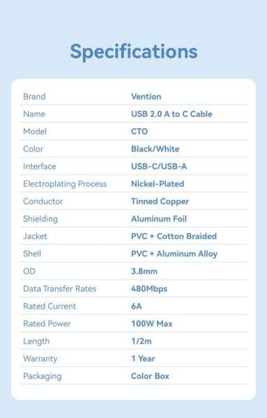 Vention USB 2.0 A Male to C Male 6A Aluminum Alloy Type cable 1m White