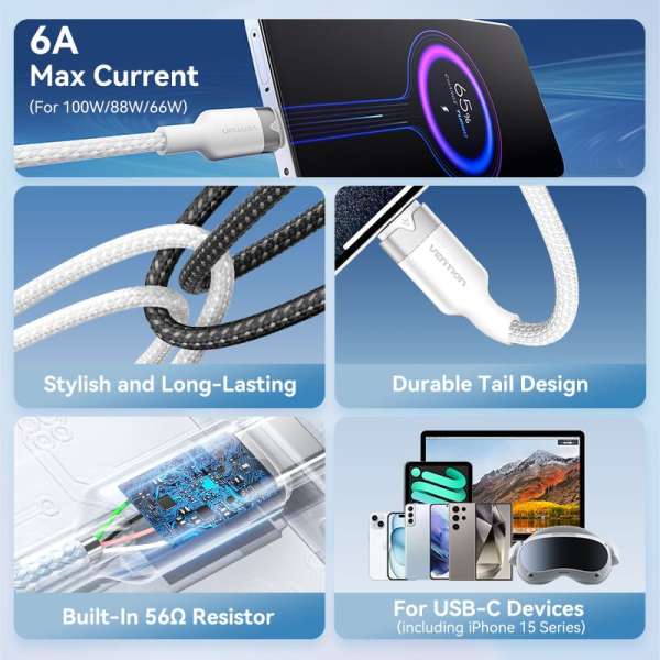 Vention USB 2.0 A Male to C Male 6A Aluminum Alloy Type cable 2m White