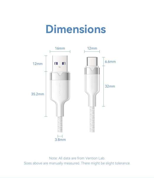 Vention USB 2.0 A Male to C Male 6A Aluminum Alloy Type cable 2m White