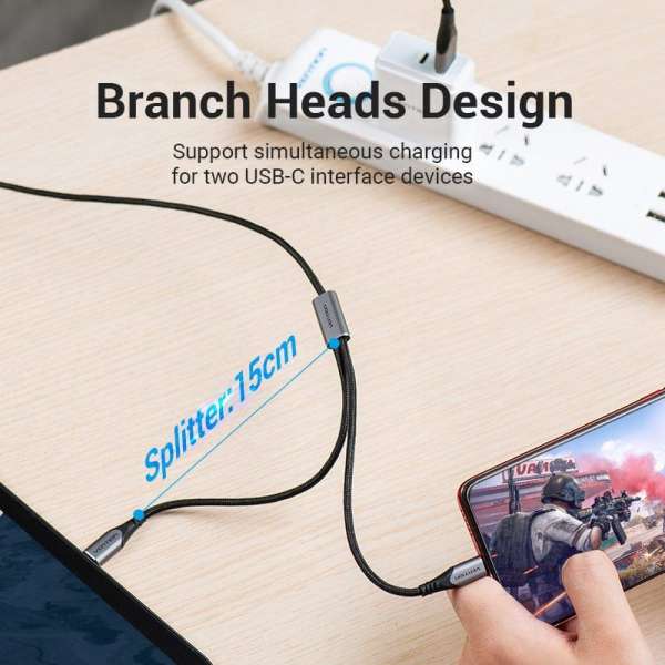 Vention USB 2.0 A Male to Dual USB-C Male Y-Splitter Cable Aluminum Alloy Type Black