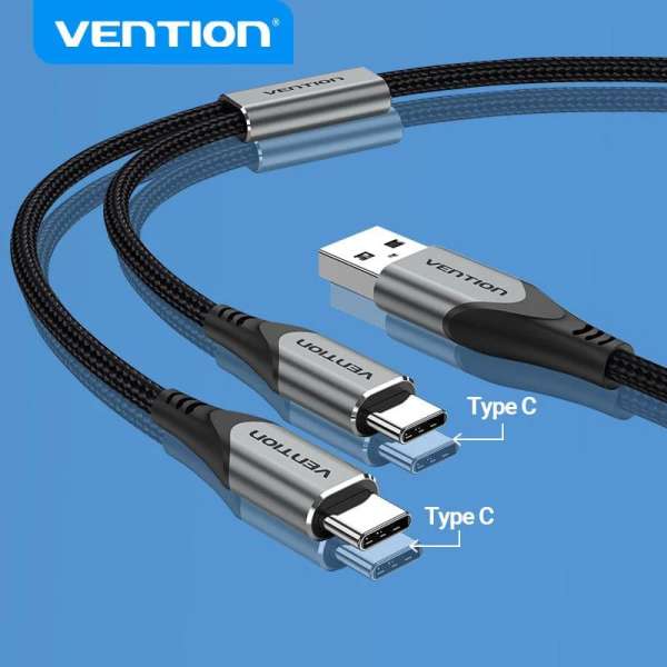 Vention USB 2.0 A Male to Dual USB-C Male Y-Splitter Cable Aluminum Alloy Type Black