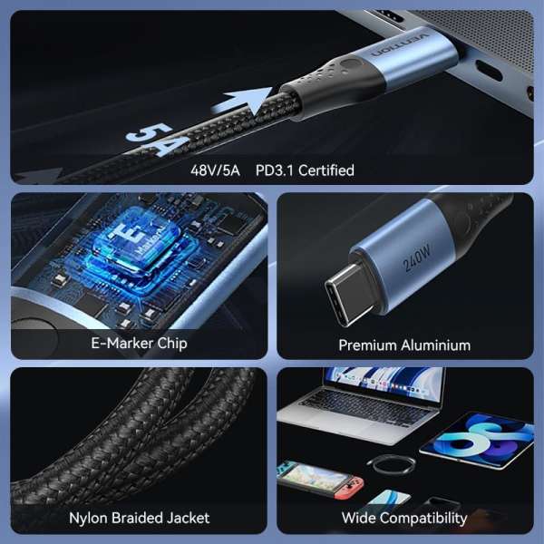 Vention USB 2.0 C Male to C Male 240W Cable 1m Black