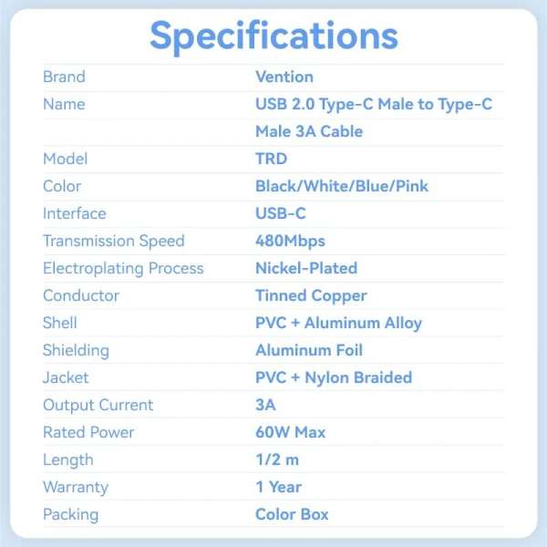 Vention USB 2.0 Type-C Male to Type-C Male 3A Cable 2m Black