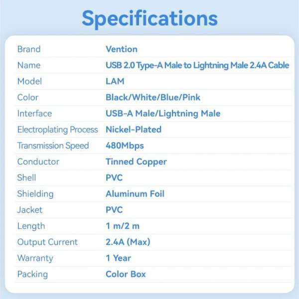 Vention USB 2.0 USB-A to Lightning cable 1m White
