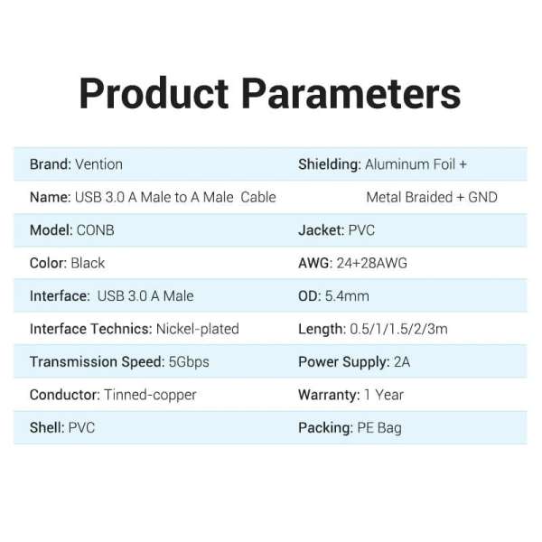 Vention USB 3.0 A Male to A Male Cable 0,5m Black