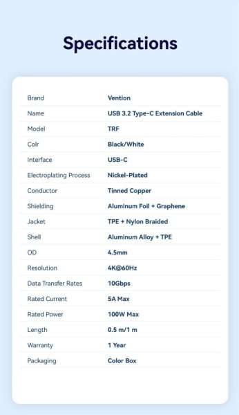 Vention USB 3.2 Gen2 C Male to C Female 10Gbps Extension Aluminum Alloy Type cable 0,5m White