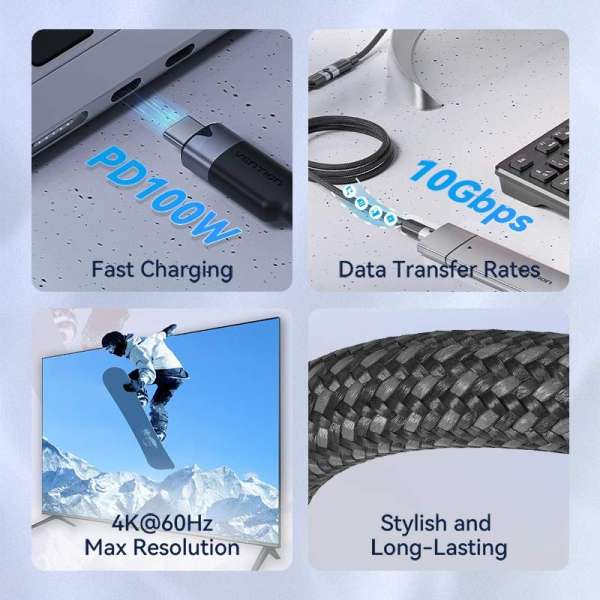 Vention USB 3.2 Gen2 C Male to C Female 10Gbps Extension Aluminum Alloy Type cable 0,5m White