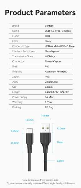 Vention USB-A 2.0/M to USB-C/M cable 1,5m Black