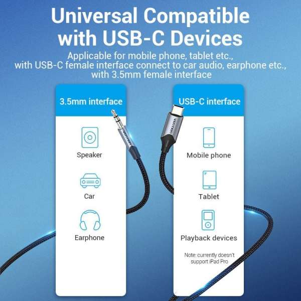 Vention USB-C Male to 3.5mm Male Audio Adapter cable 1m Black