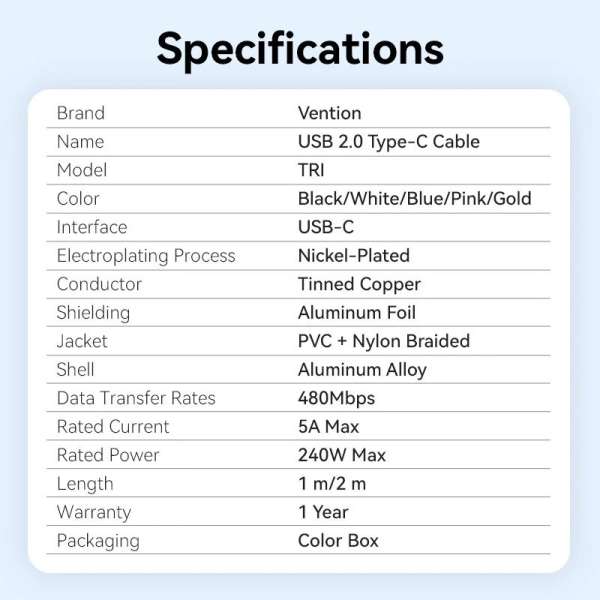 Vention USB-C to C 2.0 5A 240W cable 2m Black