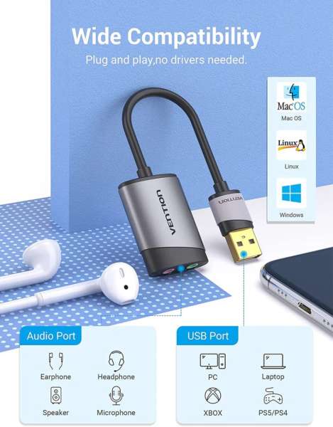 Vention USB External Sound Card 0.15M Gray Metal