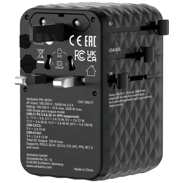 Verbatim Charge 'n' Travel 100W GaN III Universal Travel Adapter with Retractable USB-C Cable Black