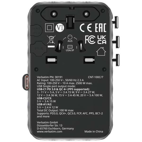 Verbatim Charge 'n' Travel 100W GaN III Universal Travel Adapter with Retractable USB-C Cable Black