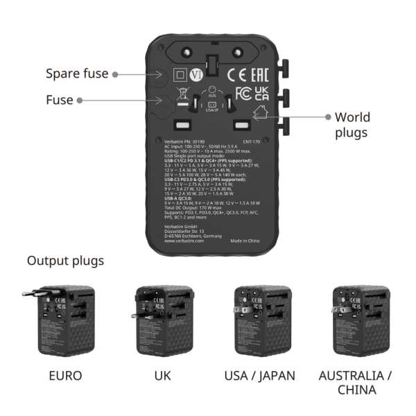 Verbatim Charge 'n' Travel 170W GaN III Universal Travel Adapter