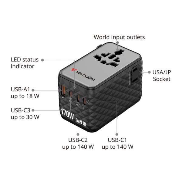 Verbatim Charge 'n' Travel 170W GaN III Universal Travel Adapter