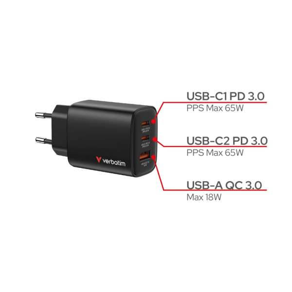 Verbatim Essentials GaN Wall Charger EU Plug 65W 3-Port Black