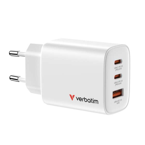 Verbatim Essentials GaN Wall Charger EU Plug 65W 3-Port White