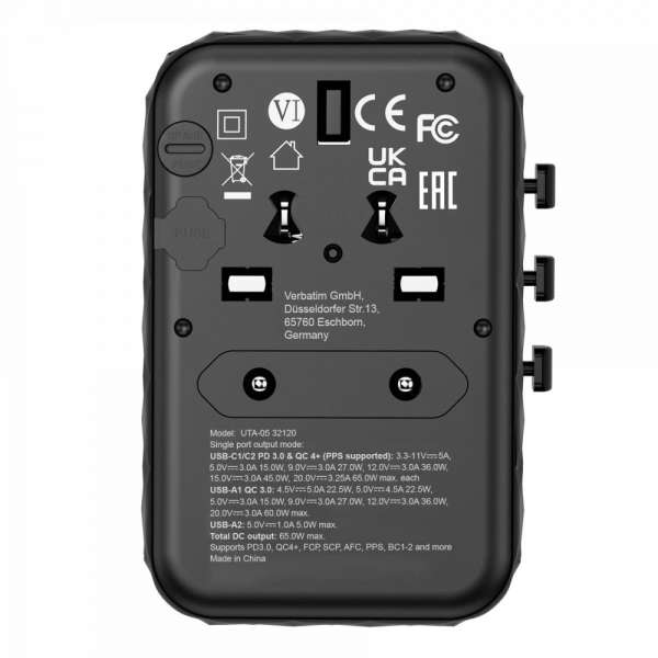 Verbatim GaN III Universal Travel Adapter UTA-05 with 2 x USB-C PD & QC 4+ & 2 x USB-A ports