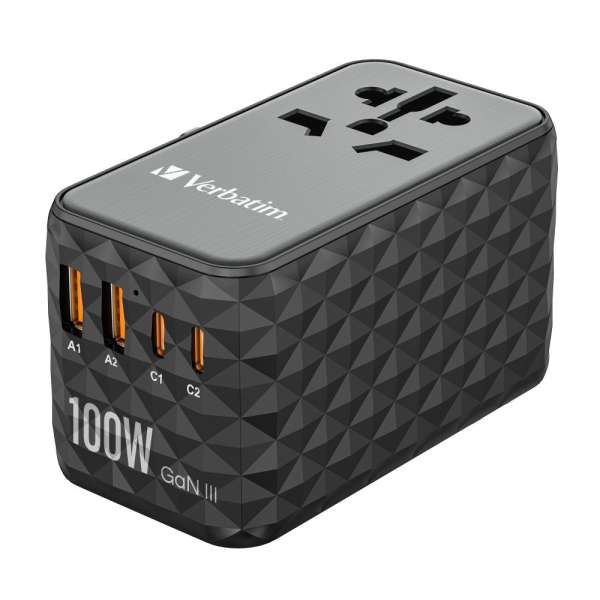 Verbatim GaN III Universal Travel Adapter UTA-06 with 2 x USB-C PD & QC 4+ & 2 x USB-A QC 3.0 ports