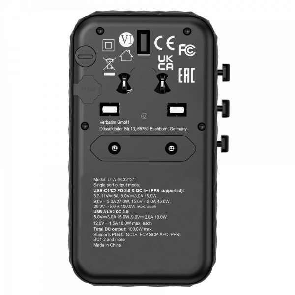 Verbatim GaN III Universal Travel Adapter UTA-06 with 2 x USB-C PD & QC 4+ & 2 x USB-A QC 3.0 ports