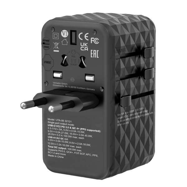 Verbatim GaN III Universal Travel Adapter UTA-06 with 2 x USB-C PD & QC 4+ & 2 x USB-A QC 3.0 ports