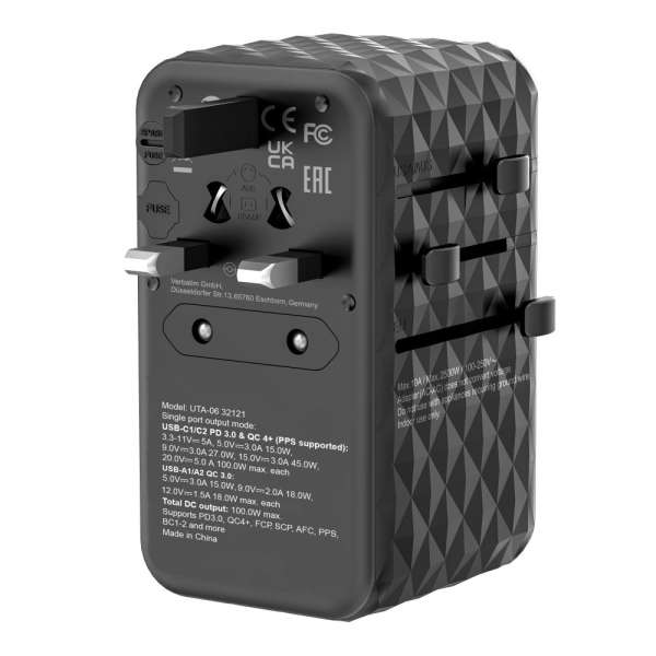 Verbatim GaN III Universal Travel Adapter UTA-06 with 2 x USB-C PD & QC 4+ & 2 x USB-A QC 3.0 ports