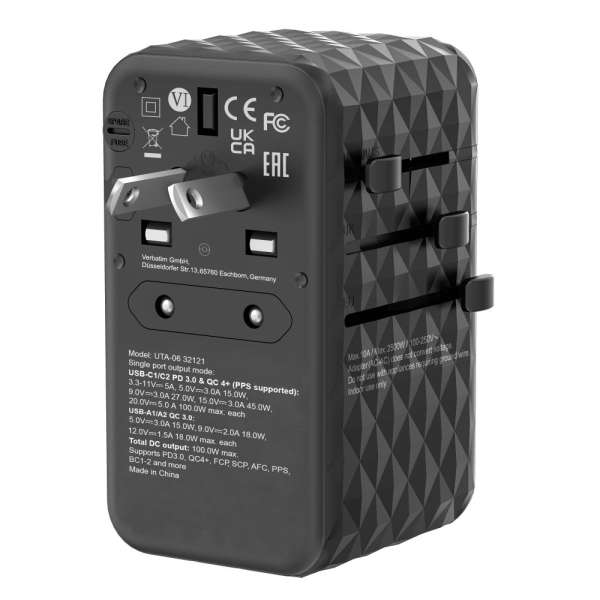 Verbatim GaN III Universal Travel Adapter UTA-06 with 2 x USB-C PD & QC 4+ & 2 x USB-A QC 3.0 ports