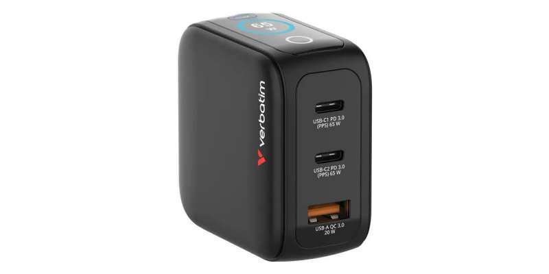 Verbatim Mini GaN Charger 3 Port 65W with Display (EU/UK/US) Black
