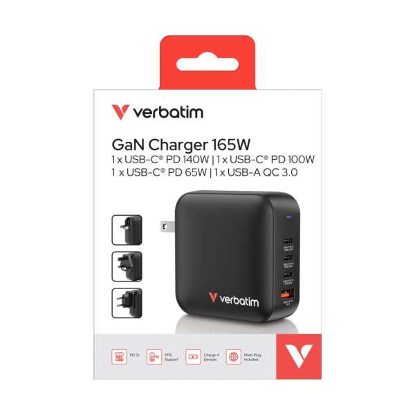Verbatim Mini GaN Wall Charger 165W 4 Port Black