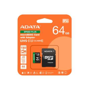 A-Data 64GB microSDXC Speed Plus Class 10 UHS-I U3 V30 + adapterrel A-Data 64GB microSDXC Speed Plus Class 10 UHS-I U3 V30 + adapterrel