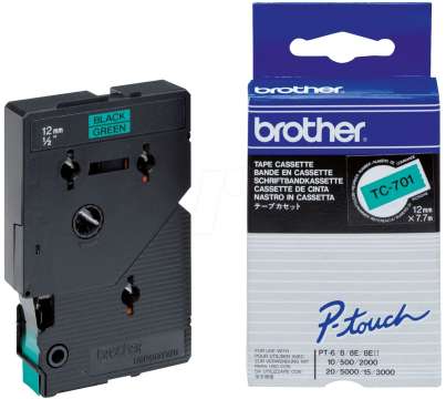 Brother TC-701 laminált P-touch szalag (12mm) Black on Green-7,7m