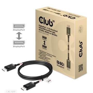 Club3D DisplayPort 2.1 Bi-Directional VESA DP80 4K120Hz 8K60Hz or 10K30Hz Certified Cable 1,2m Black Club3D DisplayPort 2.1 Bi-Directional VESA DP80 4K120Hz 8K60Hz or 10K30Hz Certified Cable 1,2m Black