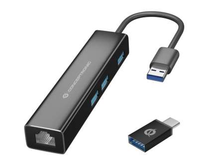 Conceptronic  DONN07BA USB to Gigabit Network Adapter with 3-Port USB Hub Black