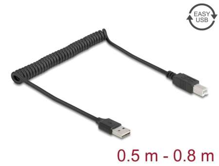 DeLock Coiled Cable EASY-USB 2.0 Type-A male to USB Type-B male 0.5 m to 0,8m Black