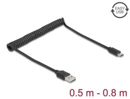 DeLock Coiled Cable EASY-USB 2.0 Type-A male to USB Type-C male 0.5 m to 0,8m Black