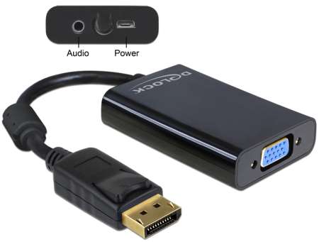 DeLock Displayport 1.1 male to VGA 15 pin female + audio + power Black adapter DeLock Displayport 1.1 male to VGA 15 pin female + audio + power Black adapter