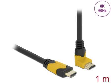 DeLock High Speed HDMI cable male straight to male 90° upwards angled 48 Gbps 8K 60 Hz 1m Black/Yellow DeLock High Speed HDMI cable male straight to male 90° upwards angled 48 Gbps 8K 60 Hz 1m Black/Yellow