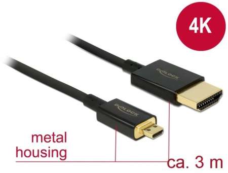 DeLock High Speed HDMI with Ethernet - HDMI-A male > HDMI Micro-D male 3D 4K 3m Active Slim High Quality cable