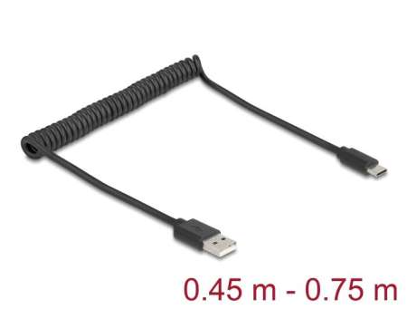 DeLock USB 2.0 Coiled Cable USB Type-A male to USB Type-C male 0,45 m to 0,75m Black