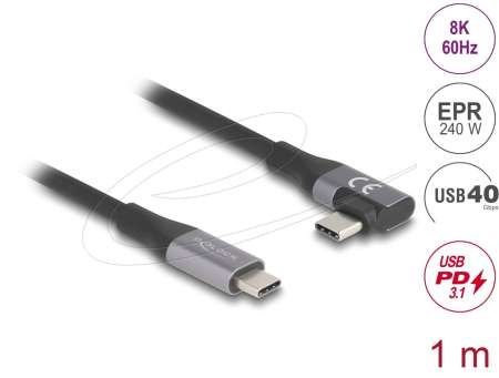 DeLock USB 40 Gbps cable angled left / right USB PD 3.1 Extended Power Range 240W 1m Black DeLock USB 40 Gbps cable angled left / right USB PD 3.1 Extended Power Range 240W 1m Black