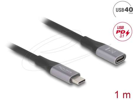 DeLock USB 40 Gbps Extension Cable USB Type-C male to female PD 3.1 1m Grey Metal
